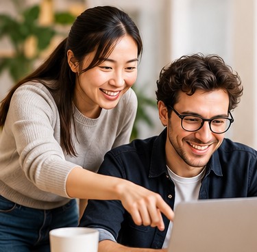 Two people collaborating on a laptop